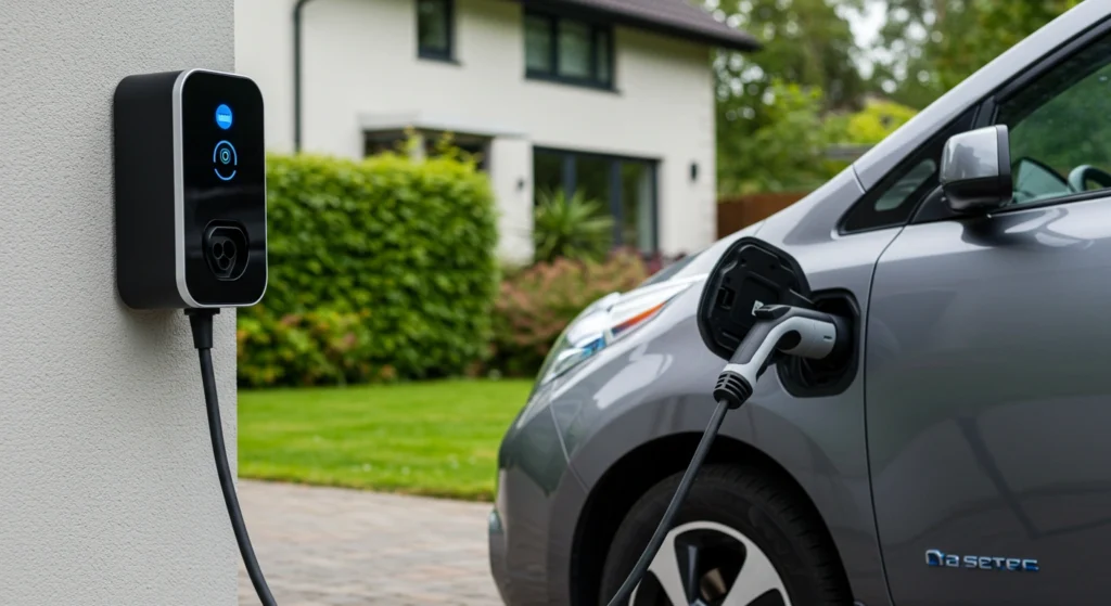 Electric vehicle charger mounted on a wall next to a parked car