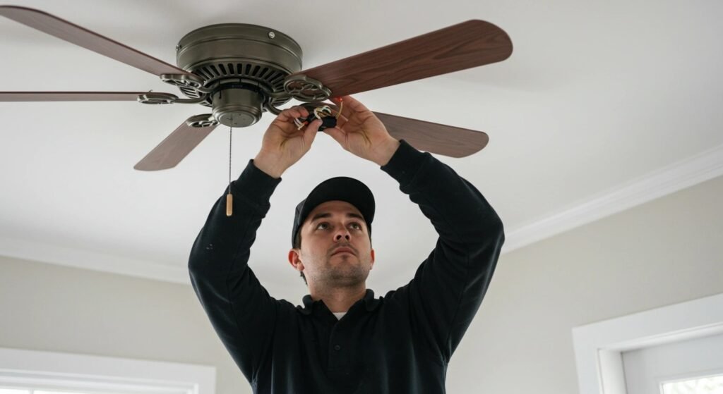 A person installing a ceiling fan in a living room.