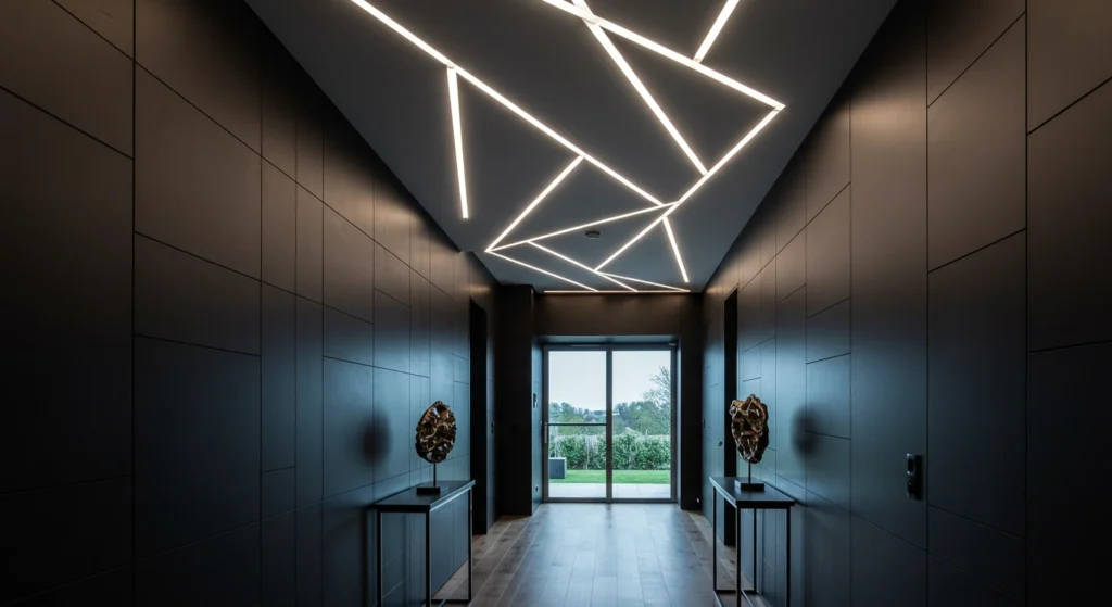A hallway with sleek, modern lighting fixtures illuminating the ceiling.